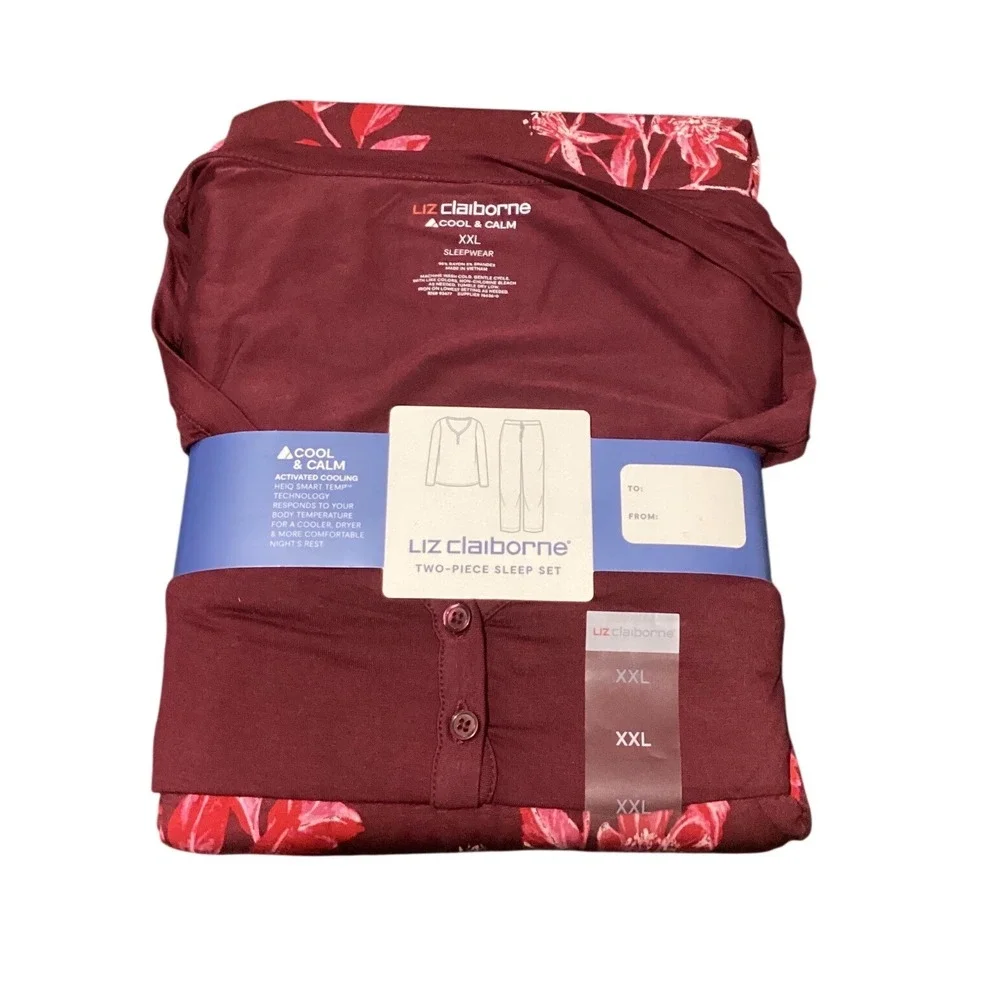 Liz Claiborne Cool & Calm Pajama Set‎ XXL Burgundy Floral 2 Piece Sleepwear New